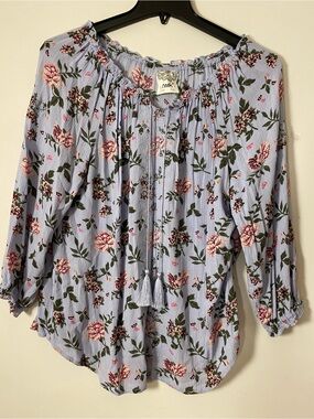 Light Blue Floral  Plus Size Peasant Blouse with Tassel Tie
